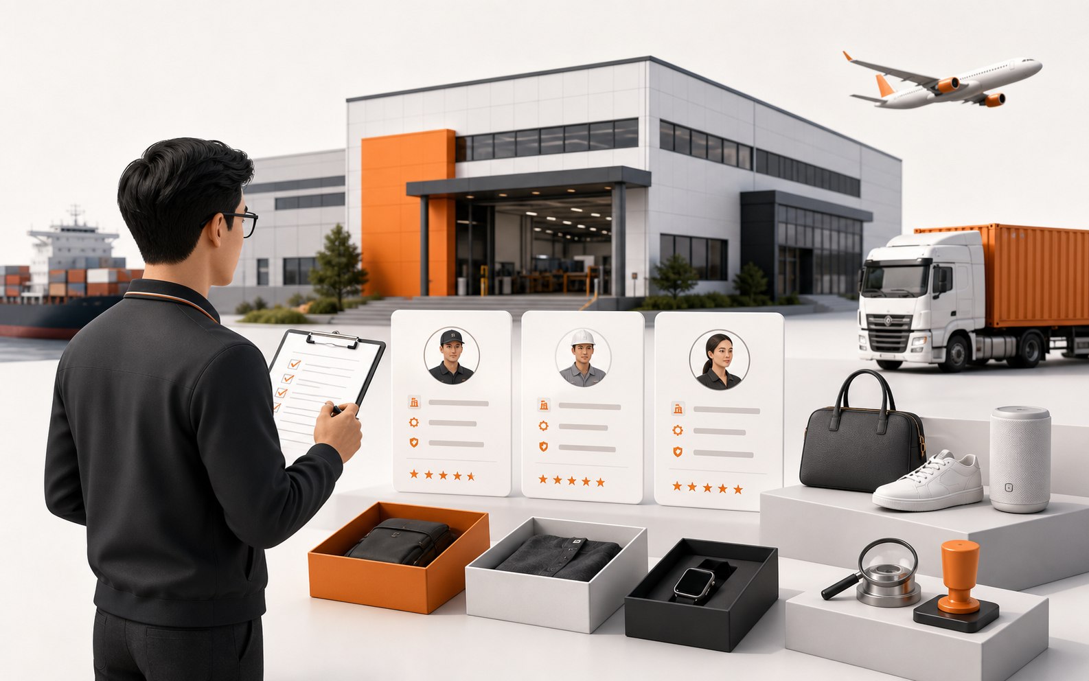 Premium illustration of supplier sourcing, factory matching, product samples, and logistics coordination